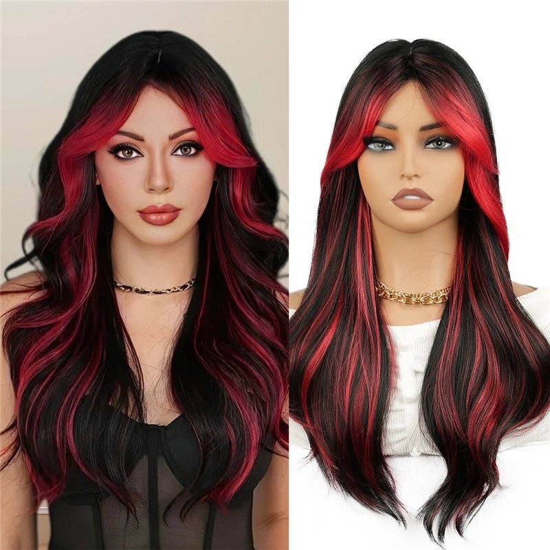 Red Ombre Long Curly Synthetic Wig with Bangs 24"