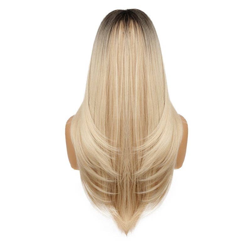 Golden Ombre Long Straight Synthetic Wig with Eight-Character Bangs - Dark Gold