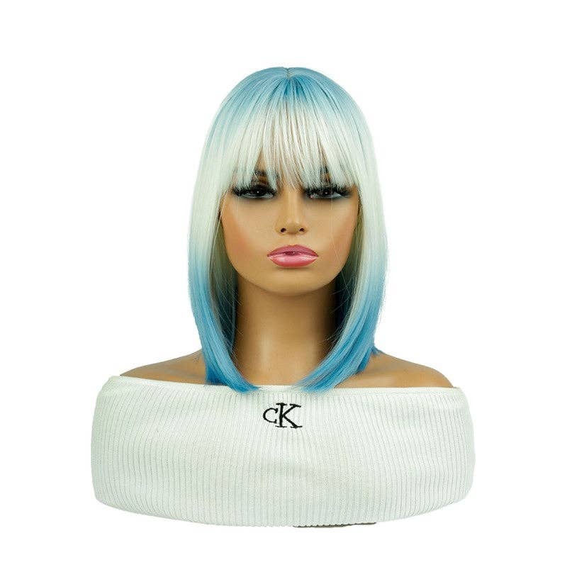 Gradient Short Bob Synthetic Wig with Bangs 13" - Sky Blue