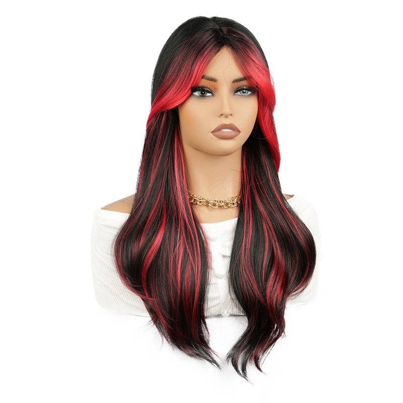 Red Ombre Long Curly Synthetic Wig with Bangs 24"
