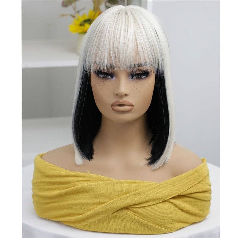 Short Straight Bob Synthetic Wig with Bangs 14" - White Black