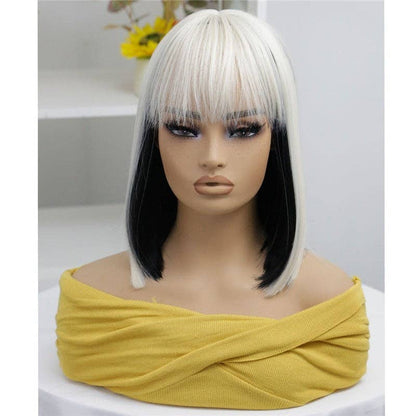 Short Straight Bob Synthetic Wig with Bangs 14" - White Black