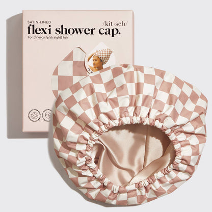 Satin Lined Flexi Shower Cap for Hair Protection - Terracotta Checker