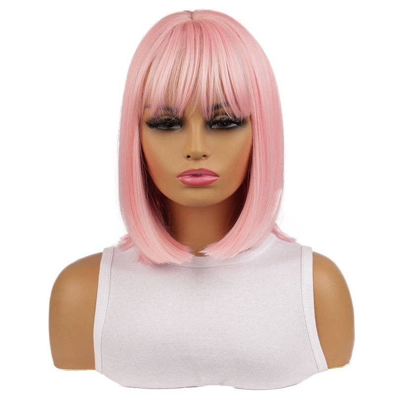 Short Straight Synthetic Wig with Pink Fringe Hairband 14" - Pink
