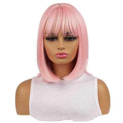Short Straight Synthetic Wig with Pink Fringe Hairband 14" - Pink