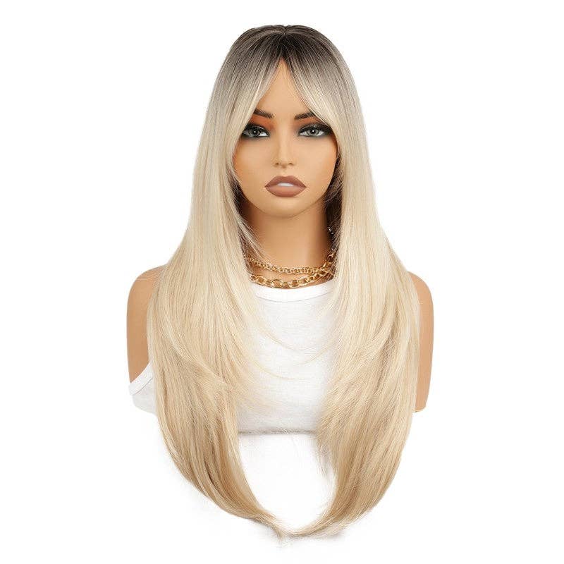 Golden Ombre Long Straight Synthetic Wig with Eight-Character Bangs - Dark Gold