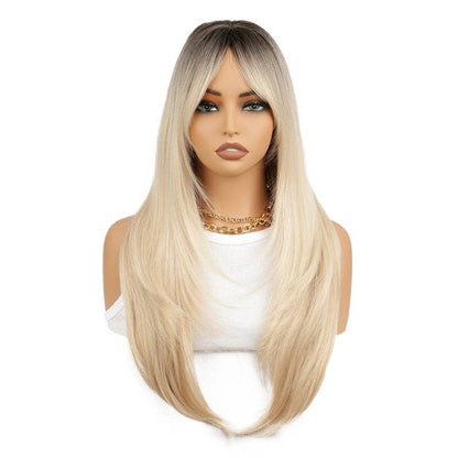 Golden Ombre Long Straight Synthetic Wig with Eight-Character Bangs - Dark Gold