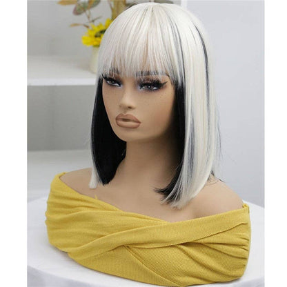 Short Straight Bob Synthetic Wig with Bangs 14" - White Black