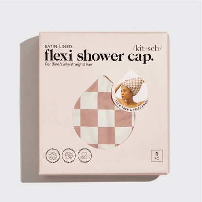 Satin Lined Flexi Shower Cap for Hair Protection - Terracotta Checker
