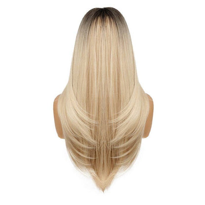 Golden Ombre Long Straight Synthetic Wig with Eight-Character Bangs - Dark Gold