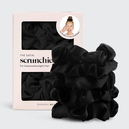 Satin Sleep Scrunchies 5-Pack for Hair Protection - Black