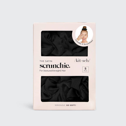 Satin Sleep Scrunchies 5-Pack for Hair Protection - Black