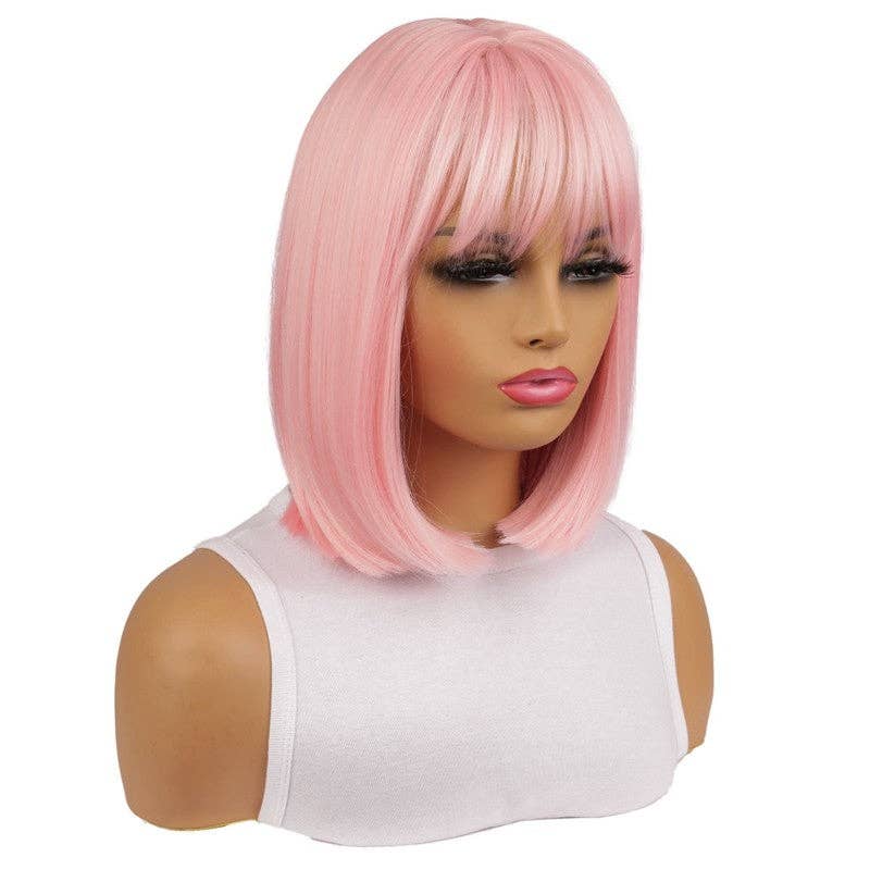 Short Straight Synthetic Wig with Pink Fringe Hairband 14" - Pink