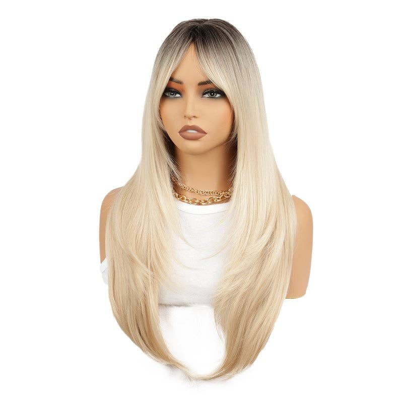 Golden Ombre Long Straight Synthetic Wig with Eight-Character Bangs - Dark Gold