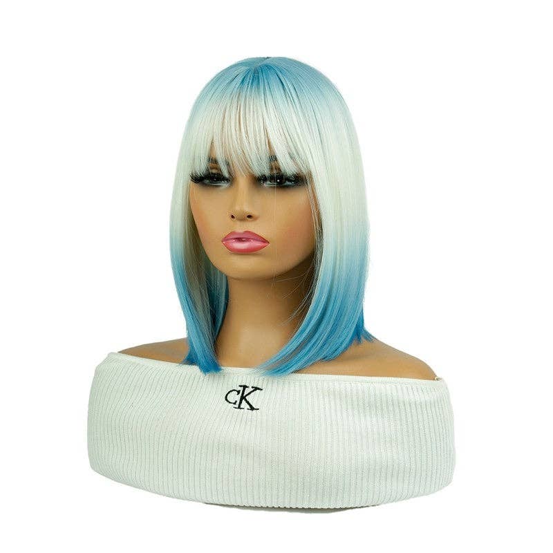 Gradient Short Bob Synthetic Wig with Bangs 13" - Sky Blue