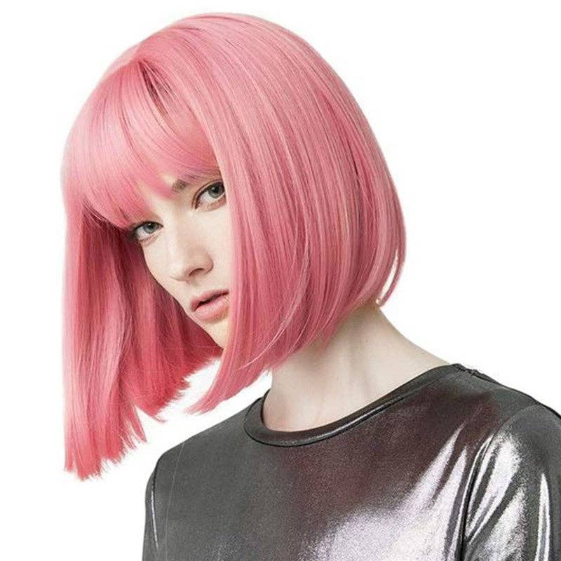 Short Straight Synthetic Wig with Pink Fringe Hairband 14" - Pink