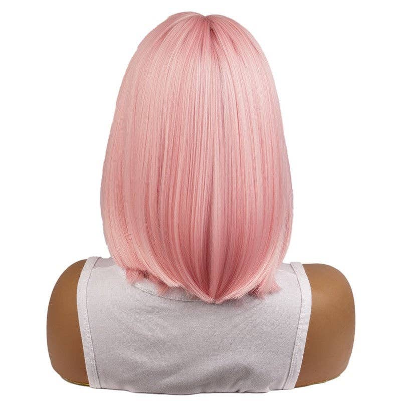 Short Straight Synthetic Wig with Pink Fringe Hairband 14" - Pink