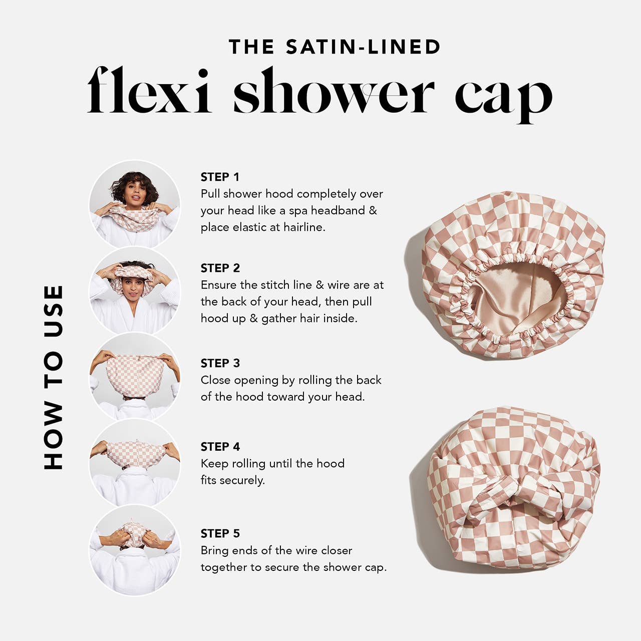 Satin Lined Flexi Shower Cap for Hair Protection - Terracotta Checker