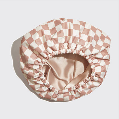 Satin Lined Flexi Shower Cap for Hair Protection - Terracotta Checker