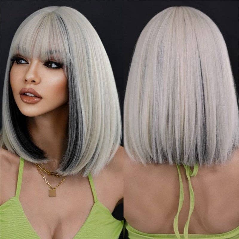 Short Straight Bob Synthetic Wig with Bangs 14" - White Black