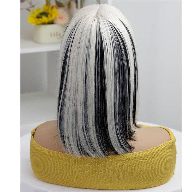 Short Straight Bob Synthetic Wig with Bangs 14" - White Black