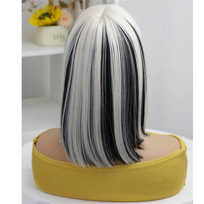 Short Straight Bob Synthetic Wig with Bangs 14" - White Black
