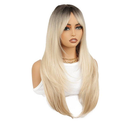 Golden Ombre Long Straight Synthetic Wig with Eight-Character Bangs - Dark Gold