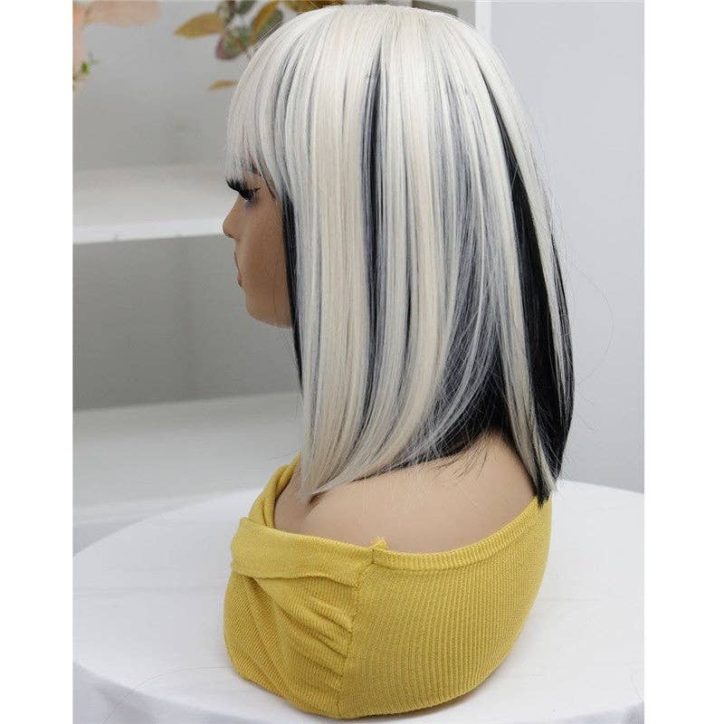 Short Straight Bob Synthetic Wig with Bangs 14" - White Black
