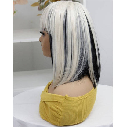 Short Straight Bob Synthetic Wig with Bangs 14" - White Black