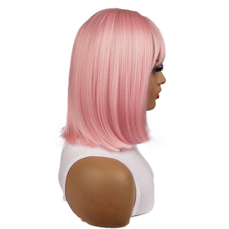 Short Straight Synthetic Wig with Pink Fringe Hairband 14" - Pink