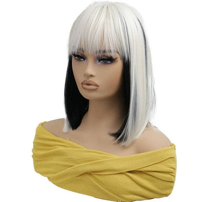 Short Straight Bob Synthetic Wig with Bangs 14" - White Black